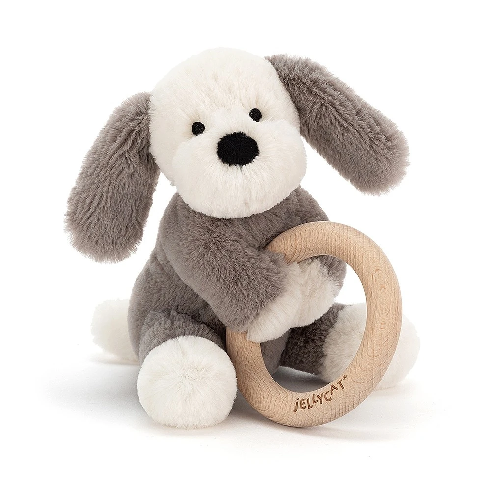Jellycat Knuffel Rammelaar Hond Shooshu Puppy Wooden Ring Toy 1 Jellycat Knuffel Rammelaar Hond Shooshu Puppy Wooden Ring Toy